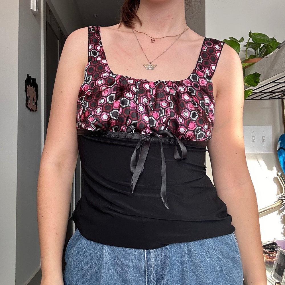 🖤 Y2k Black/Pink Graphic Babydoll Tank Top 💗 Size S